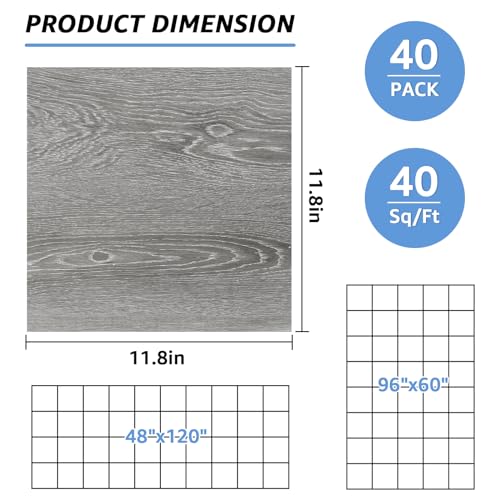 40-Pack 12x12 Waterproof Peel and Stick Vinyl Flooring Tiles in Wooden Gray - Self-Adhesive Laminate Flooring for Bogs and Extra