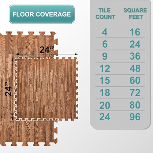 Sorbus Interlocking Foam Ground Tiles - 96 Sq. Ft. Wooden Grain Design, 3/8-Inch Thick EVA Mats with Borders for House, Playroom, Basement, and Condominium Use