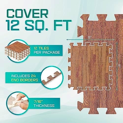 Yes4All 12 Sq. Ft. Wooden Grain Puzzle Train Mat - EVA Interlocking Foam Flooring Tiles with Borders for Residence Safety